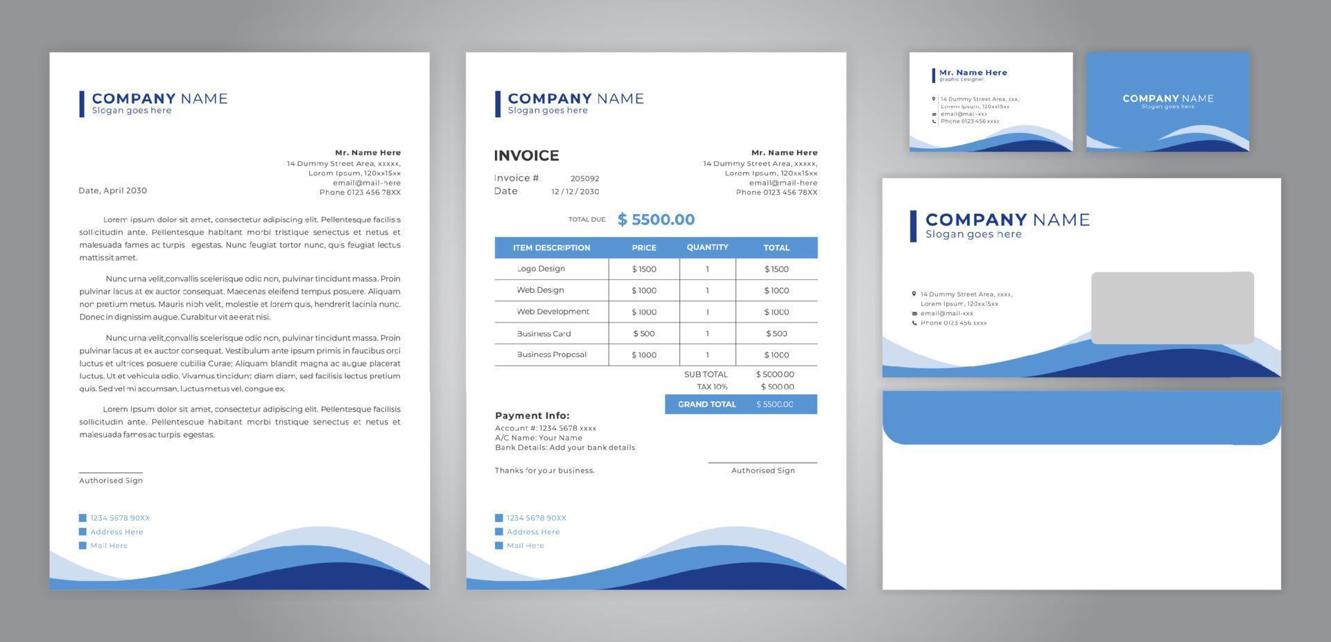 set of letter head, invoice, business card and envelope vector