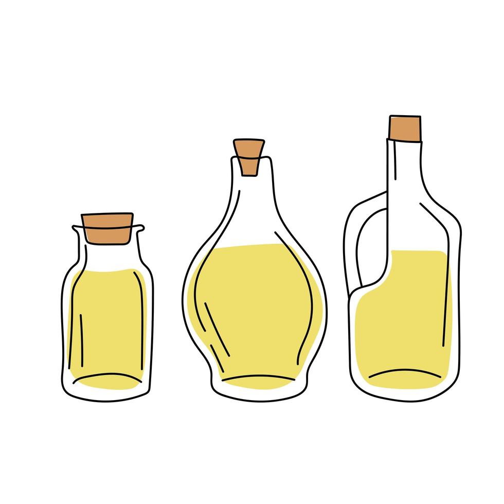 Hand drawn sketch - collection of olive oil bottles. Design elements vector