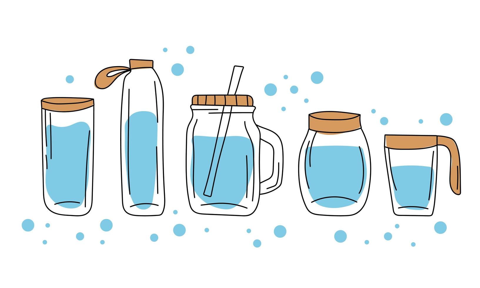 A set of glass containers and water bottles. Hand drawn style vector