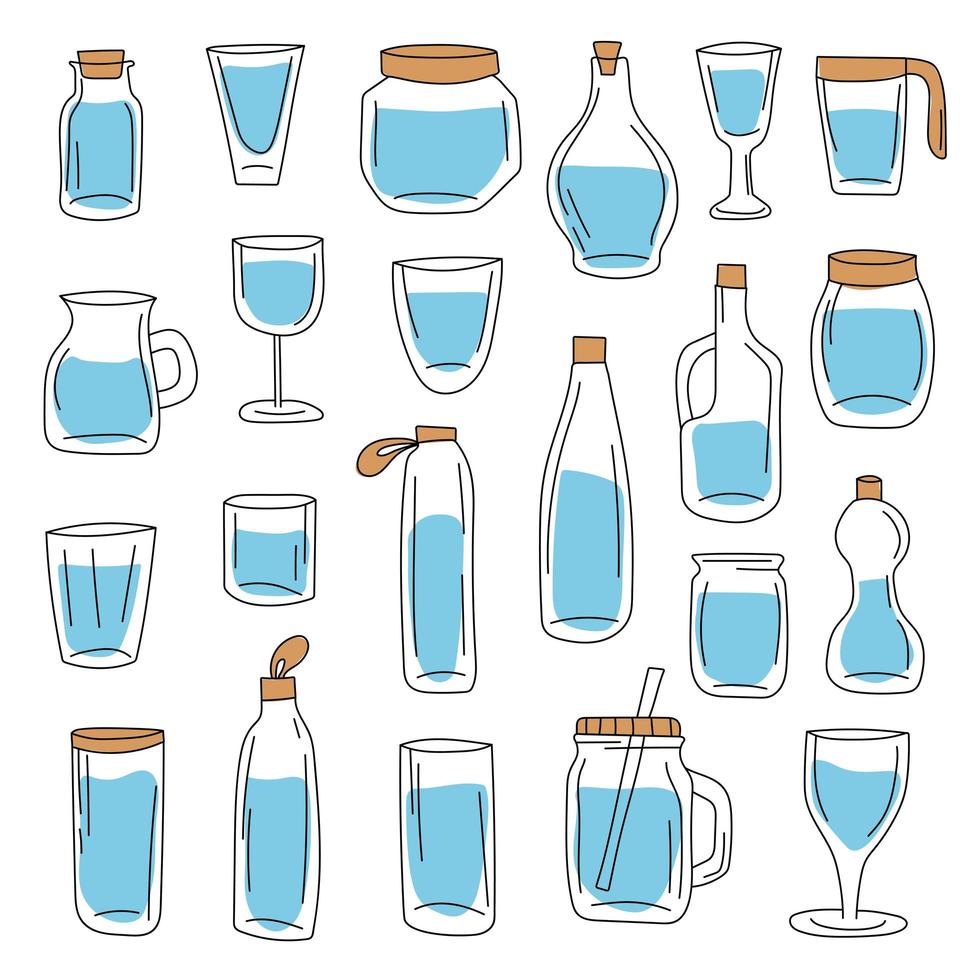 Big set of glass containers and water bottles. Hand drawn style vector