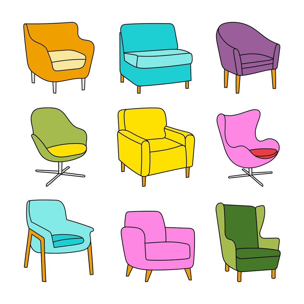 Vector set of colored armchairs in hand-drawn style on white