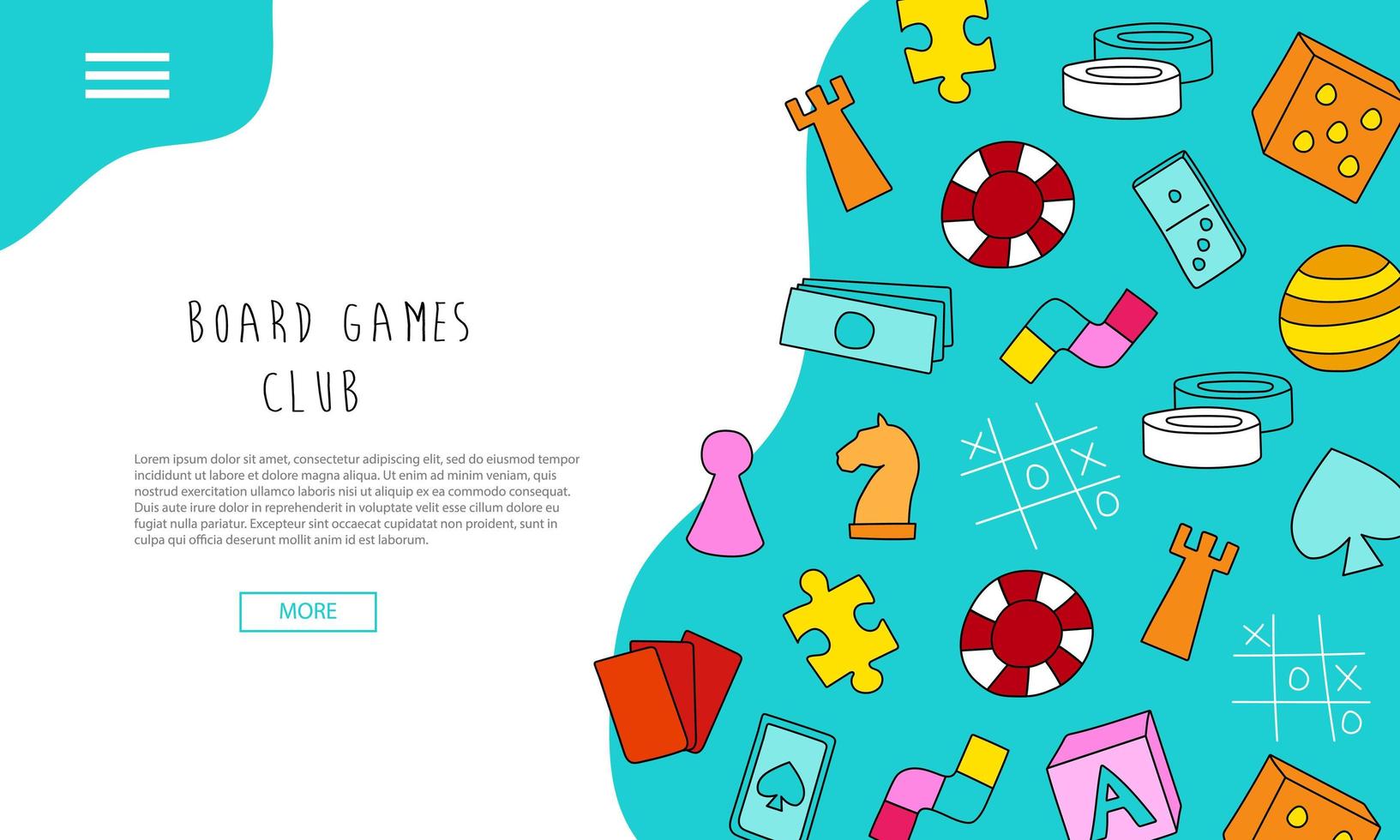 Board games club - text banners. Hand drawn landing page - Board Game vector