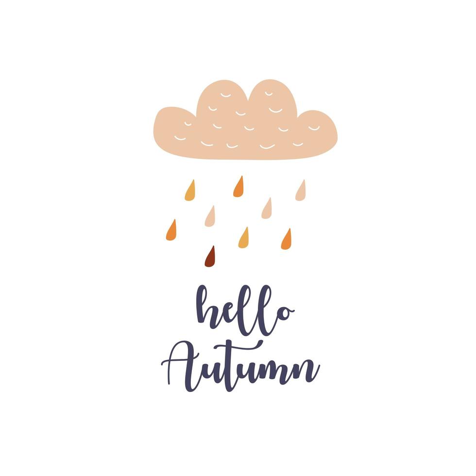 diseño de tarjeta con texto hola otoño. estilo dibujado a mano. lluvia con gotas y nubes vector