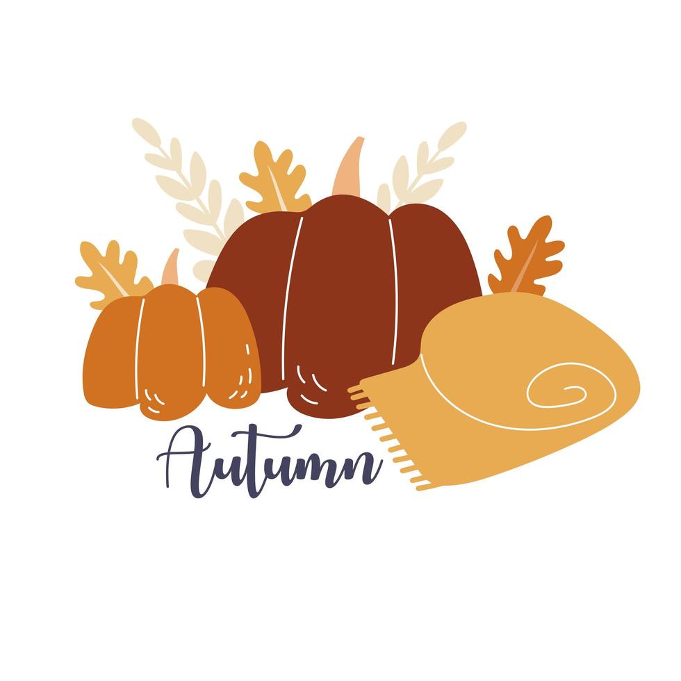 Two pumpkins and a cozy blanket. Text Autumn. Print for autumn design. vector