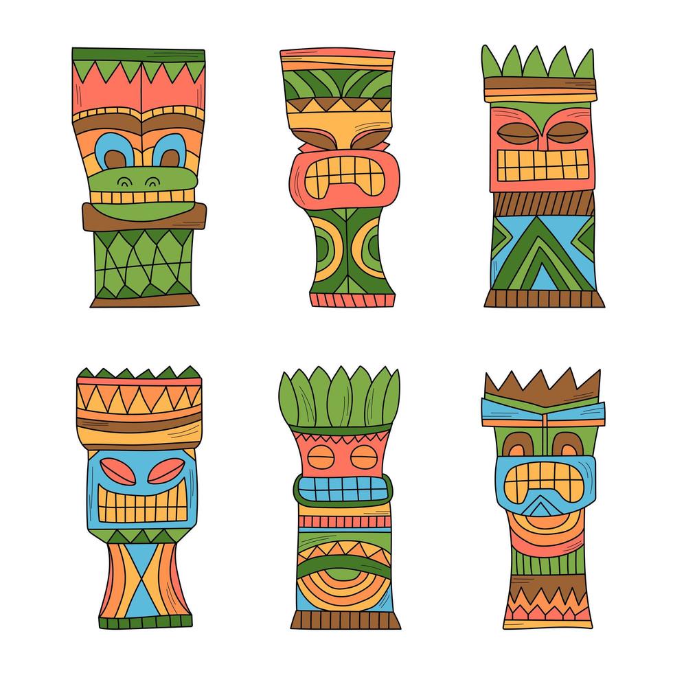 coloridos ídolos tiki polinesios de madera, talla de estatua de dioses. ilustración vectorial vector