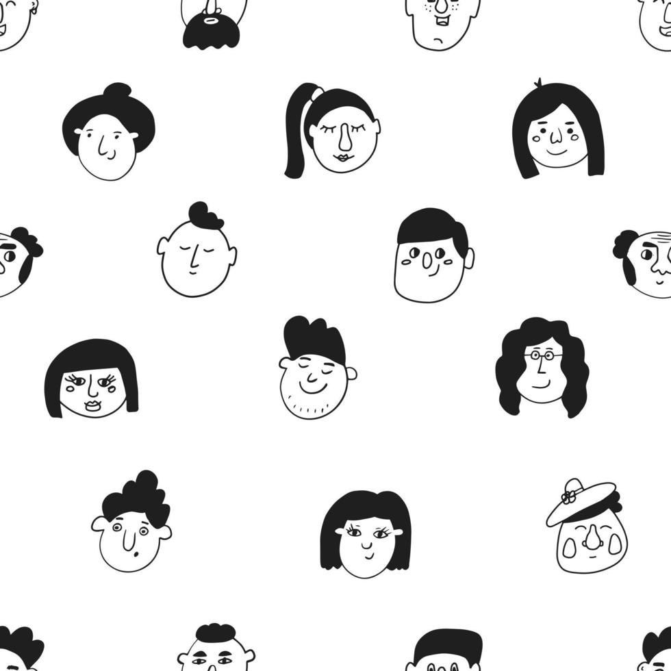 Set of character faces in doodle style, vector seamless pattern