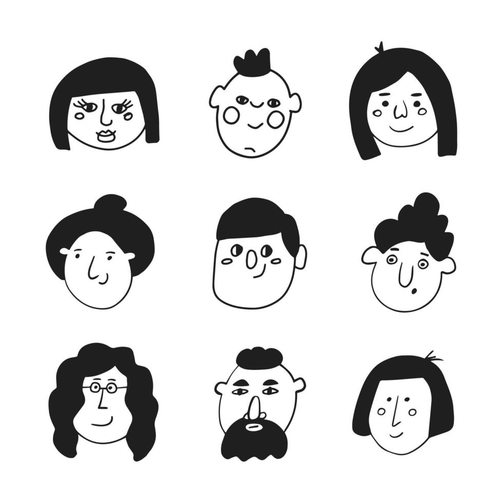 Set of characters faces in doodle style, vector illustration