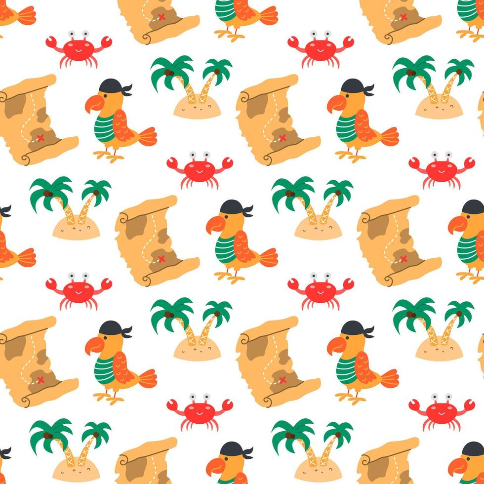 Parrot with pirate map among palm trees, vector seamless pattern in flat cartoon style