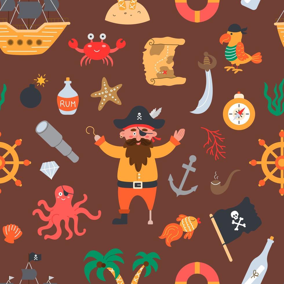 Seamless pattern pirate set in flat hand drawn style. Parrot, ship, treasure, map, sea inhabitants vector