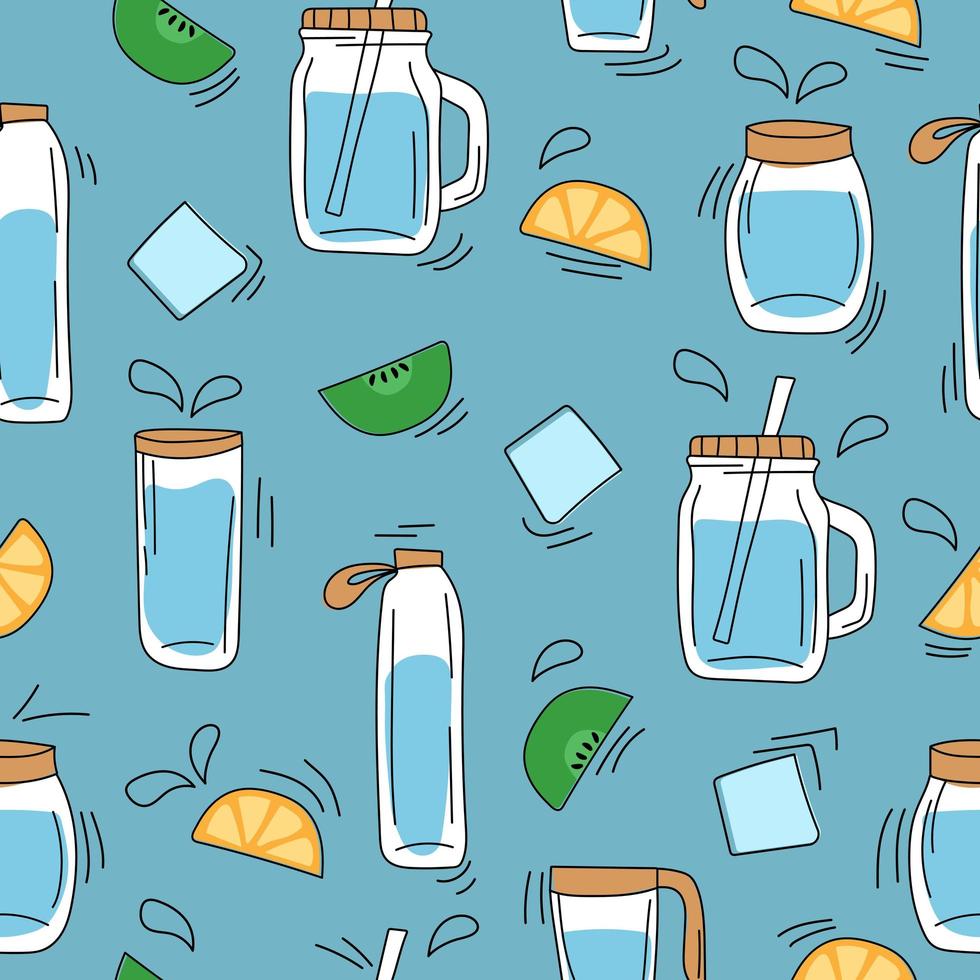 Seamless pattern on blue - hand drawn glass water bottles. Oranges, ice, kiwi vector