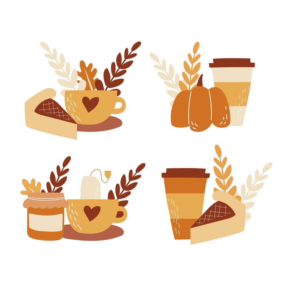 Set of autumn elements. Hot drinks, tea with jam, pumpkin latte, coffee with pie vector