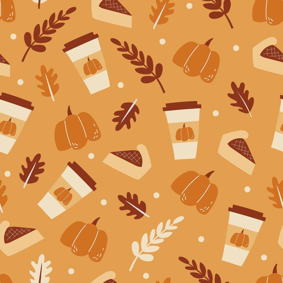 Seamless pattern with tasty pumpkin pie and Funny spicy coffee. Dessert set vector