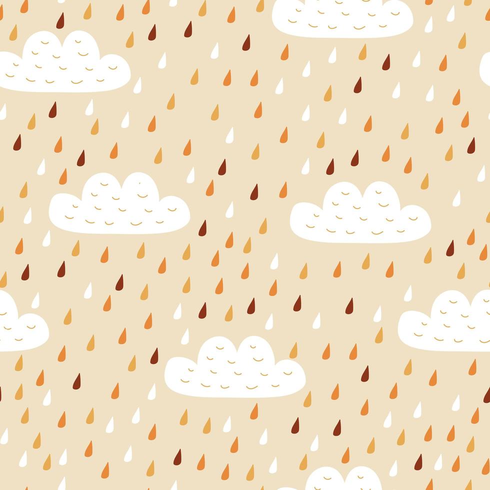 Seamless vector pattern with rain drops and clouds. Cute pattern