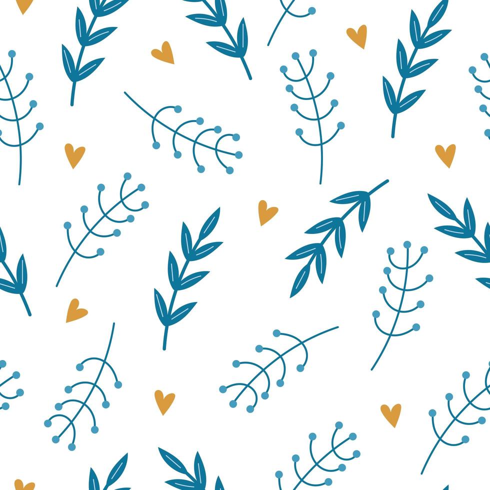 Hand drawn blue small twigs, abstract leaves and hearts - Repeating Pattern vector