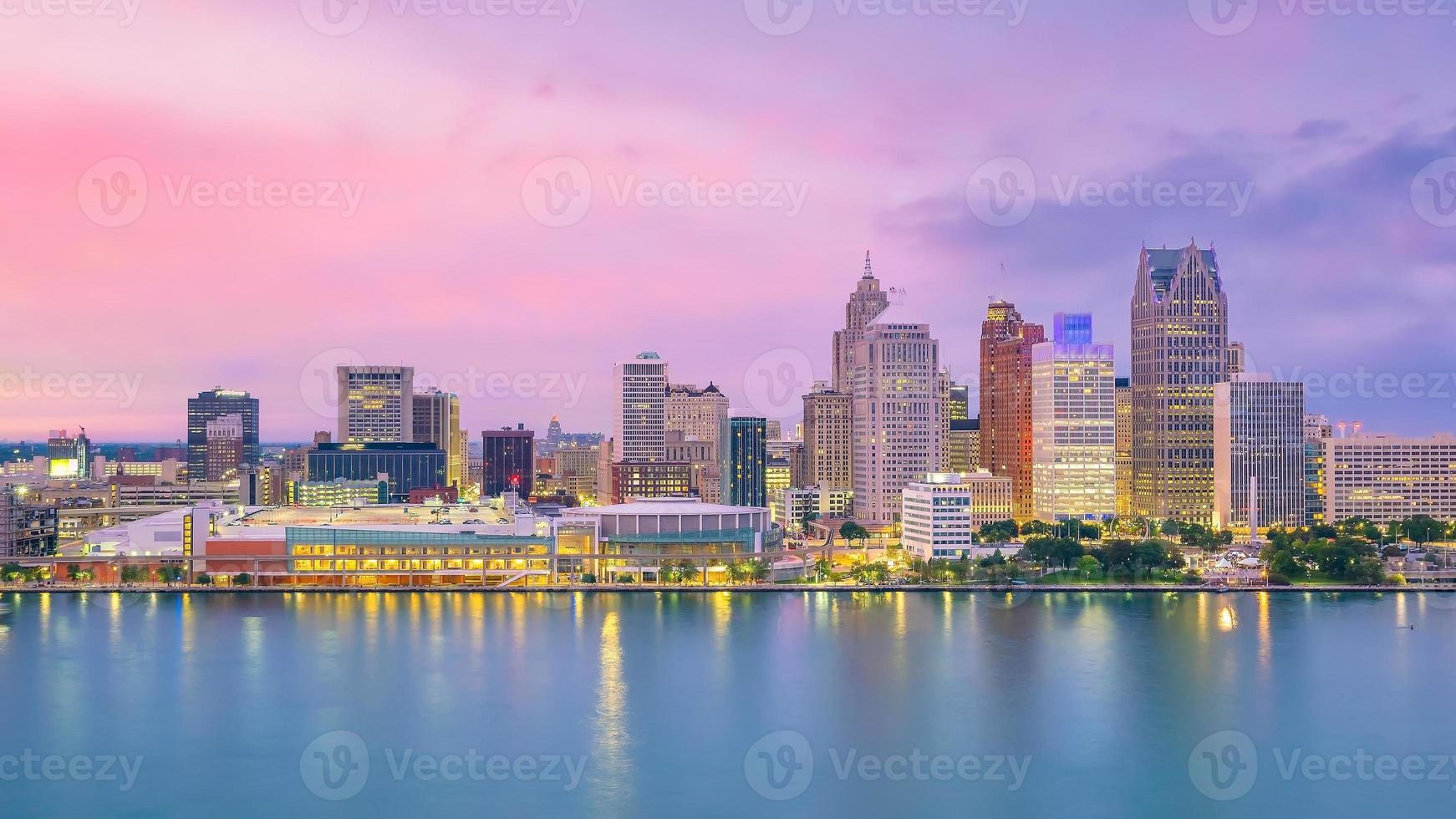 Cityscape of Detroit skyline in Michigan, USA at sunset photo