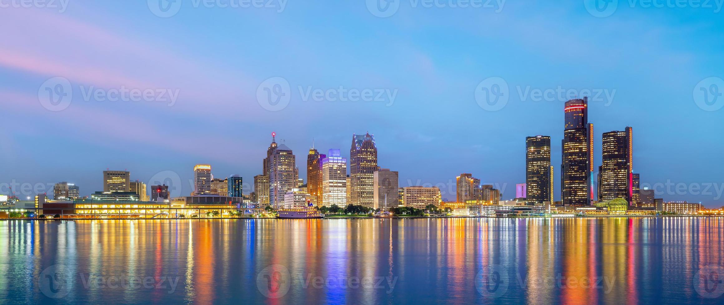 Cityscape of Detroit skyline in Michigan, USA at sunset photo