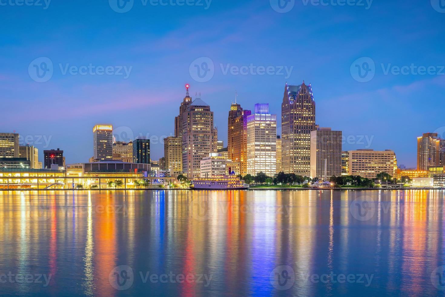 Cityscape of Detroit skyline in Michigan, USA at sunset photo