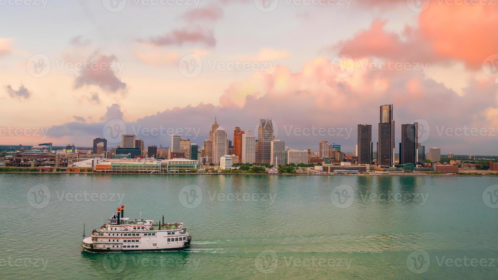 Cityscape of Detroit skyline in Michigan, USA at sunset photo