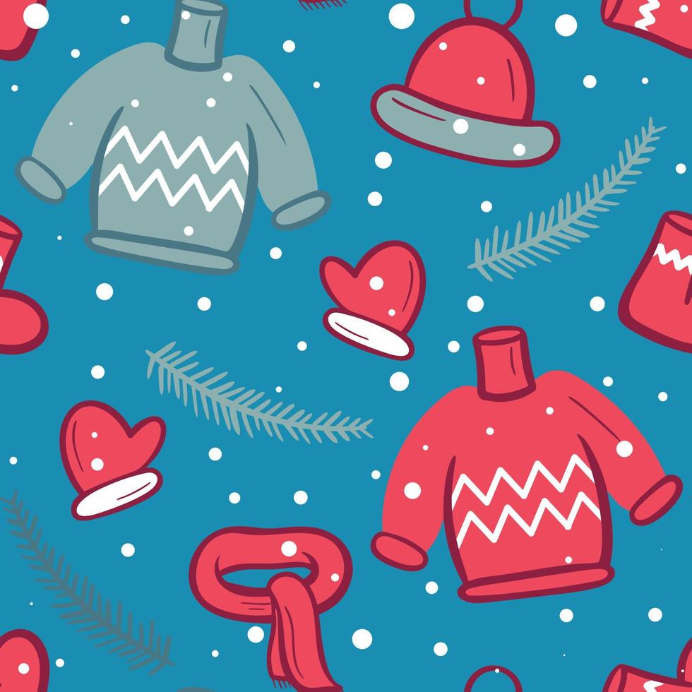 Winter seamless pattern with sweaters hats scarves and mittens vector