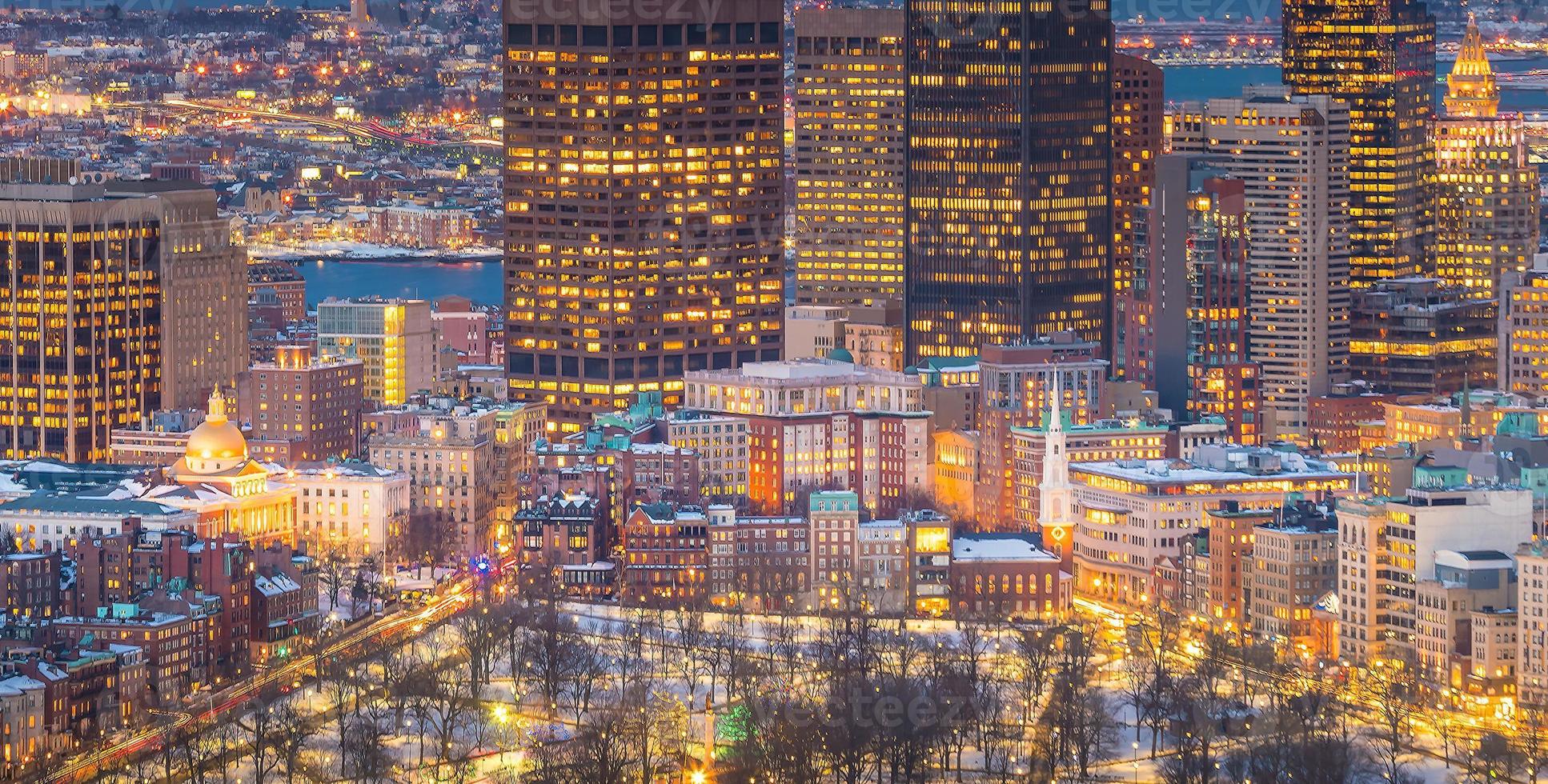 Aerial view of Boston skyline and Boston Common park in Massachusetts, USA  in winter photo