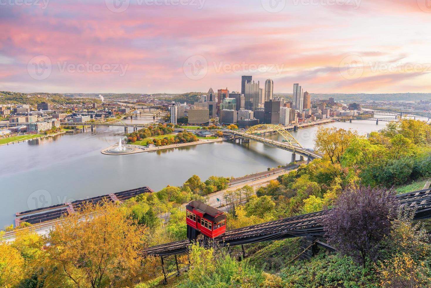 Cityscape of downtown skyline and vintage incline in Pittsburgh, Pennsylvania, USA photo