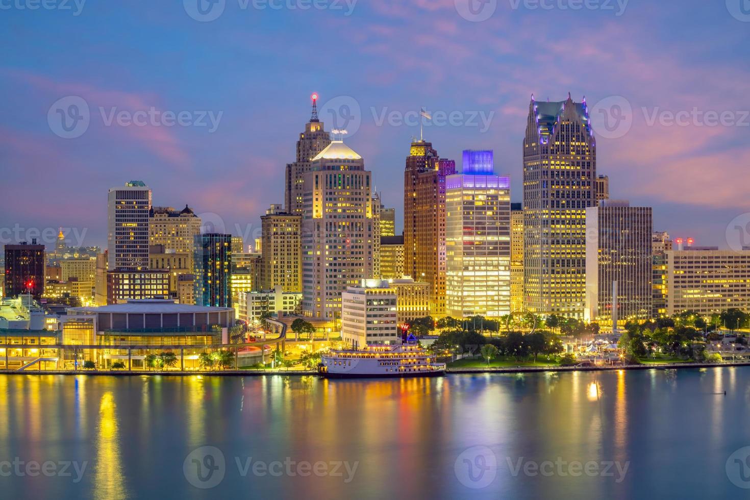 Cityscape of Detroit skyline in Michigan, USA at sunset photo