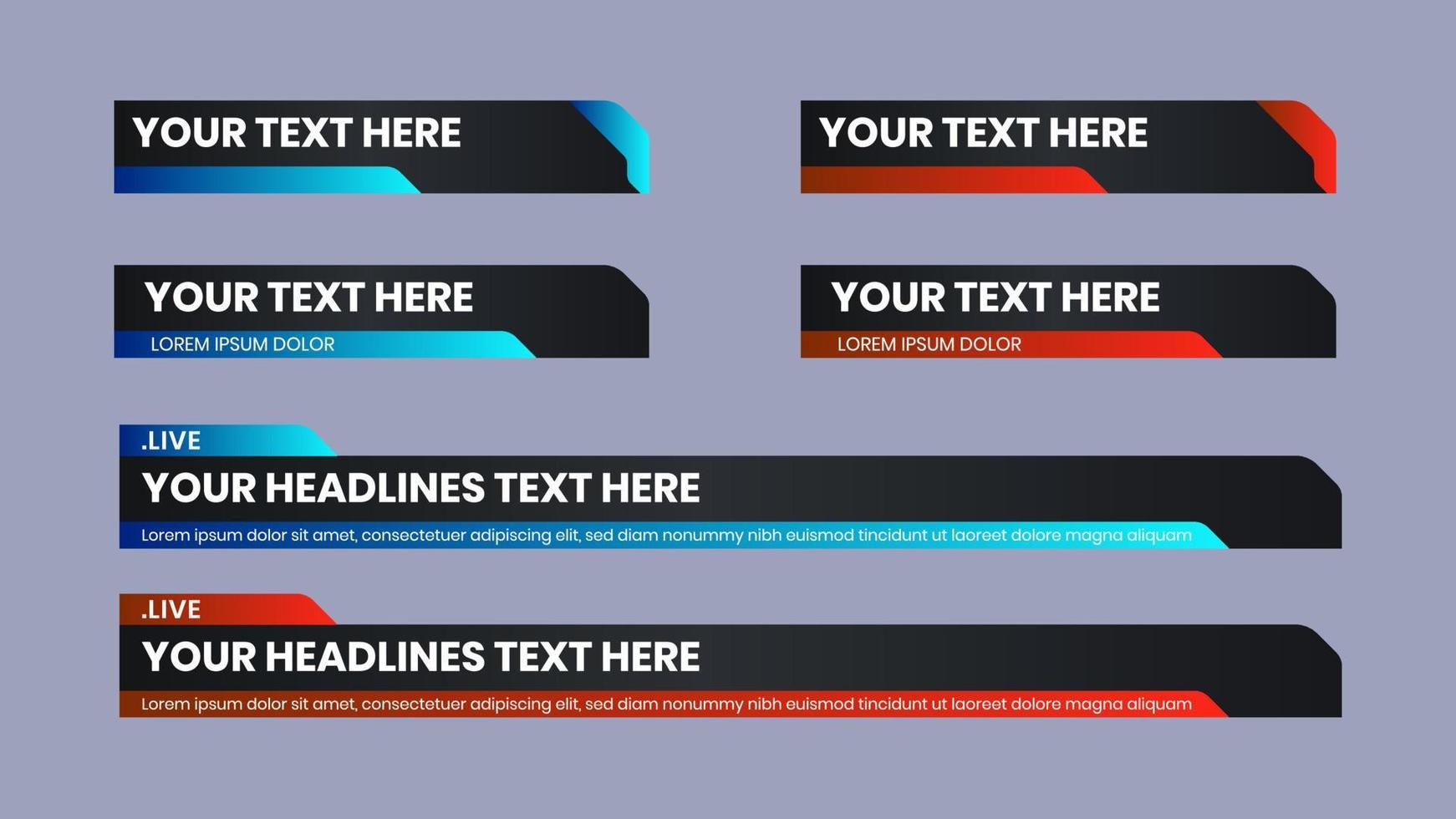 lower third collection set of news, names, titles, television vector illustration. video strip abstract shape blue and red color.