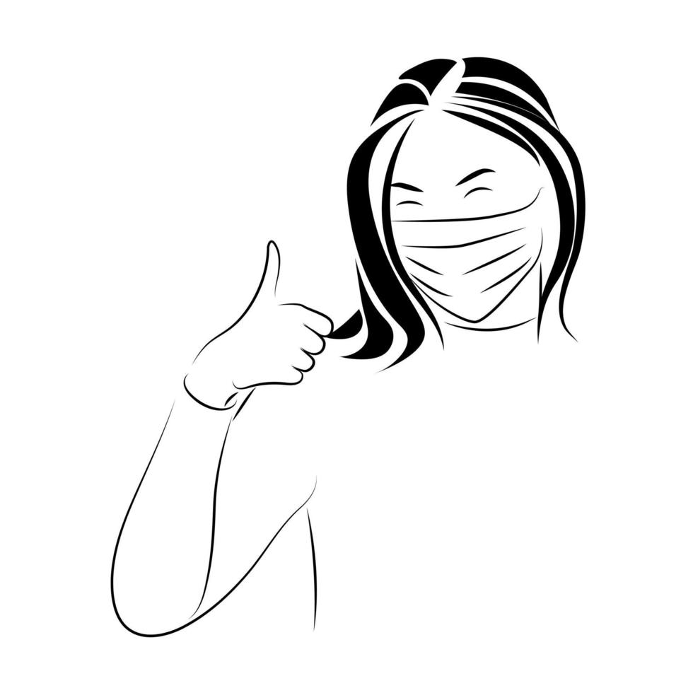 mujer con máscara y dando pulgar hacia arriba prevención del brote de coronavirus covid 19 vector