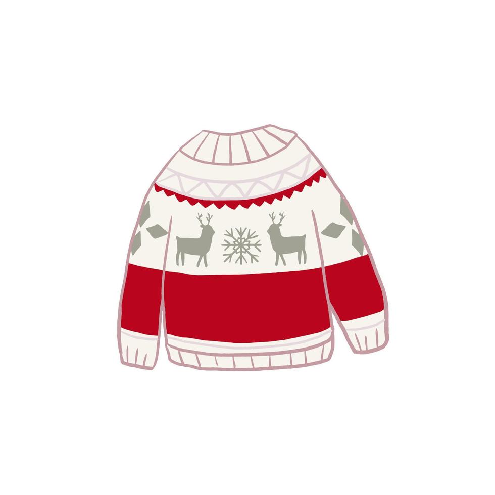 Hand drawn isolated cute ugly Christmas sweater with deer and snowflakes. Cozy warm beige and red Scandinavian sweater. Vector illustration EPS 10