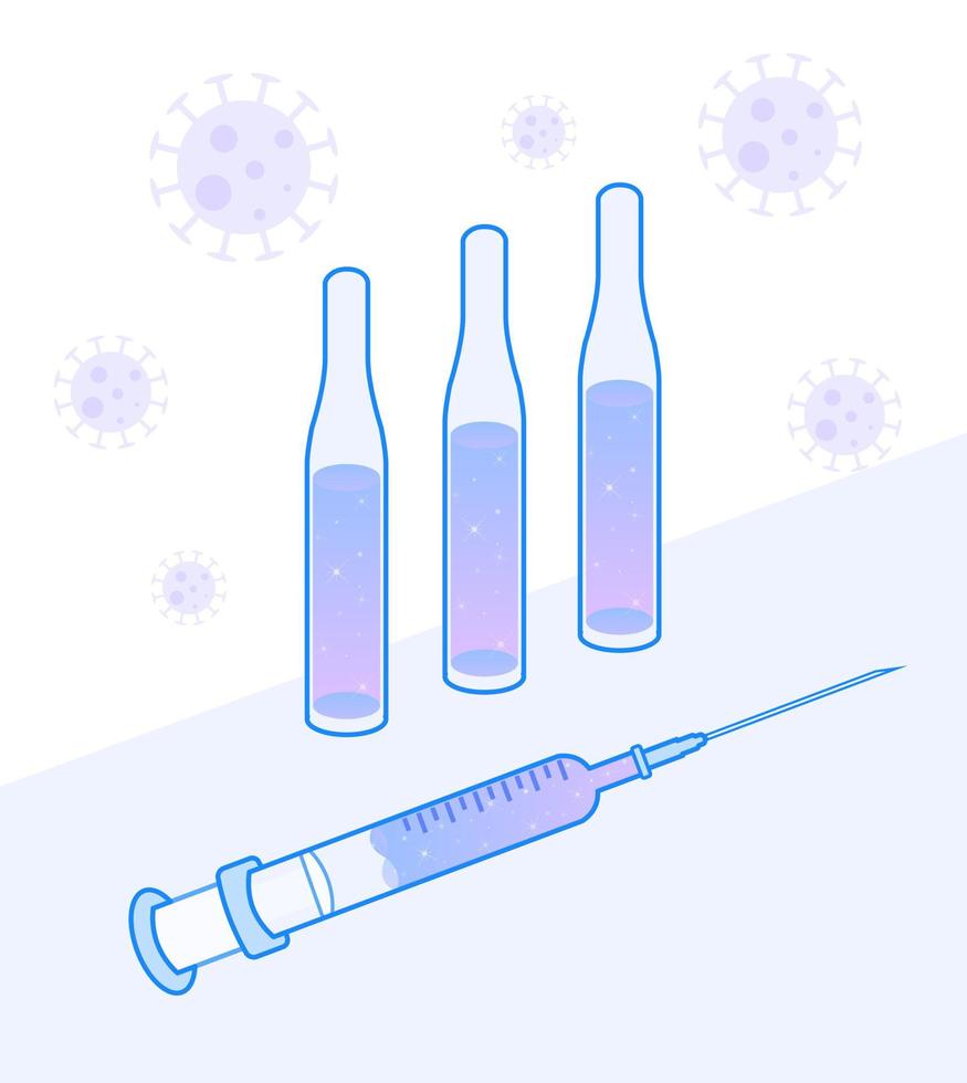 Concept illustration of  dreamy purple syringe with ampoule bottles and virus. Vector EPS 10