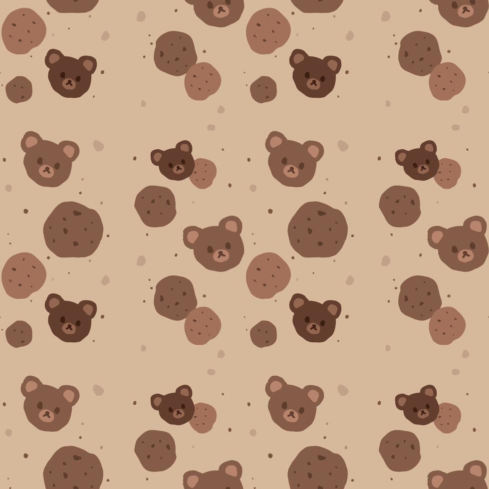 Kawaii seamless pattern of chocolate cookies and bear heads. Cute square hand drawn pattern. Kawaii kuma cookies with crumbs. Background texture for print, textile, wrap paper. Vector EPS 10