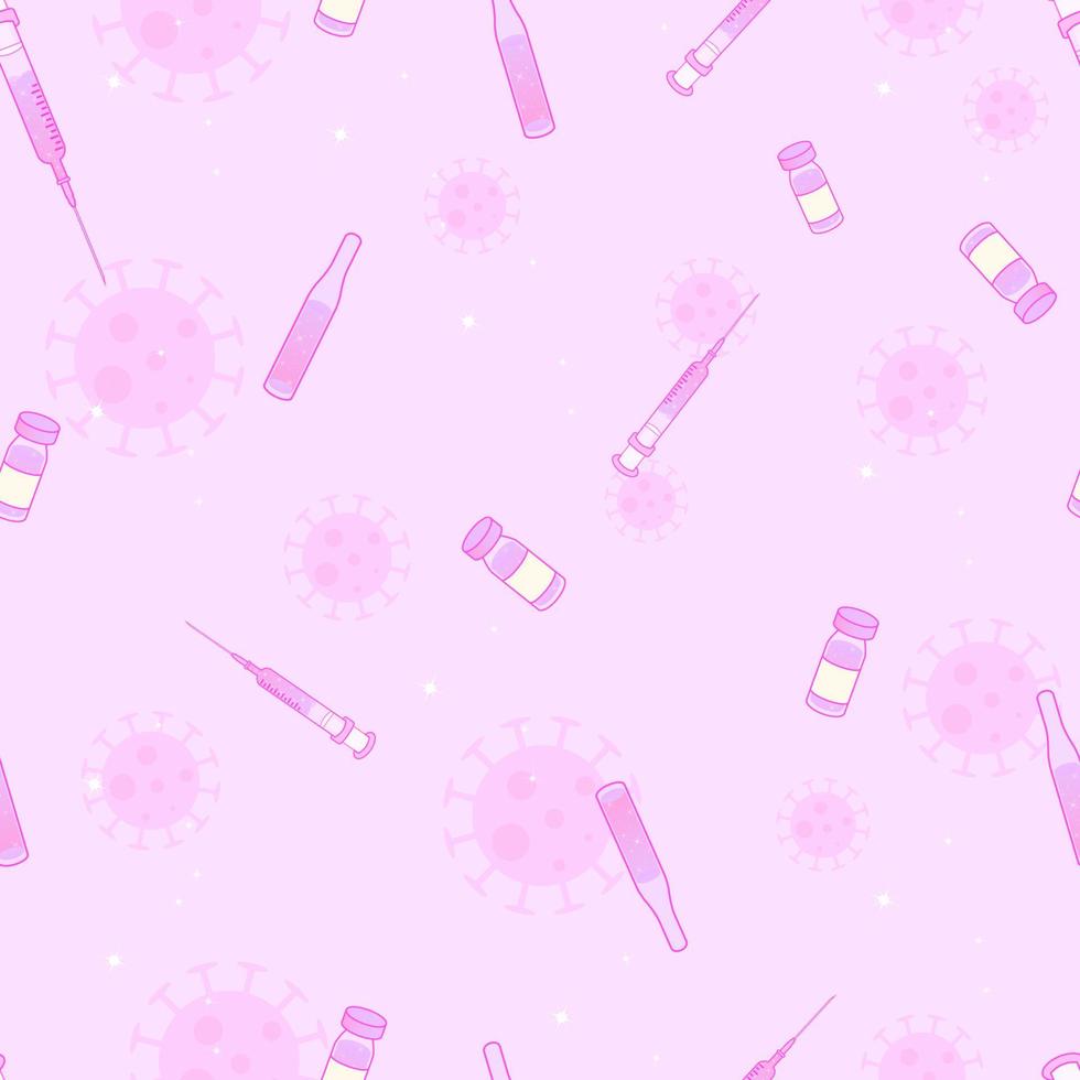 Pink dreamy seamless pattern of virus vaccine with bottles syringes and ampules. vector