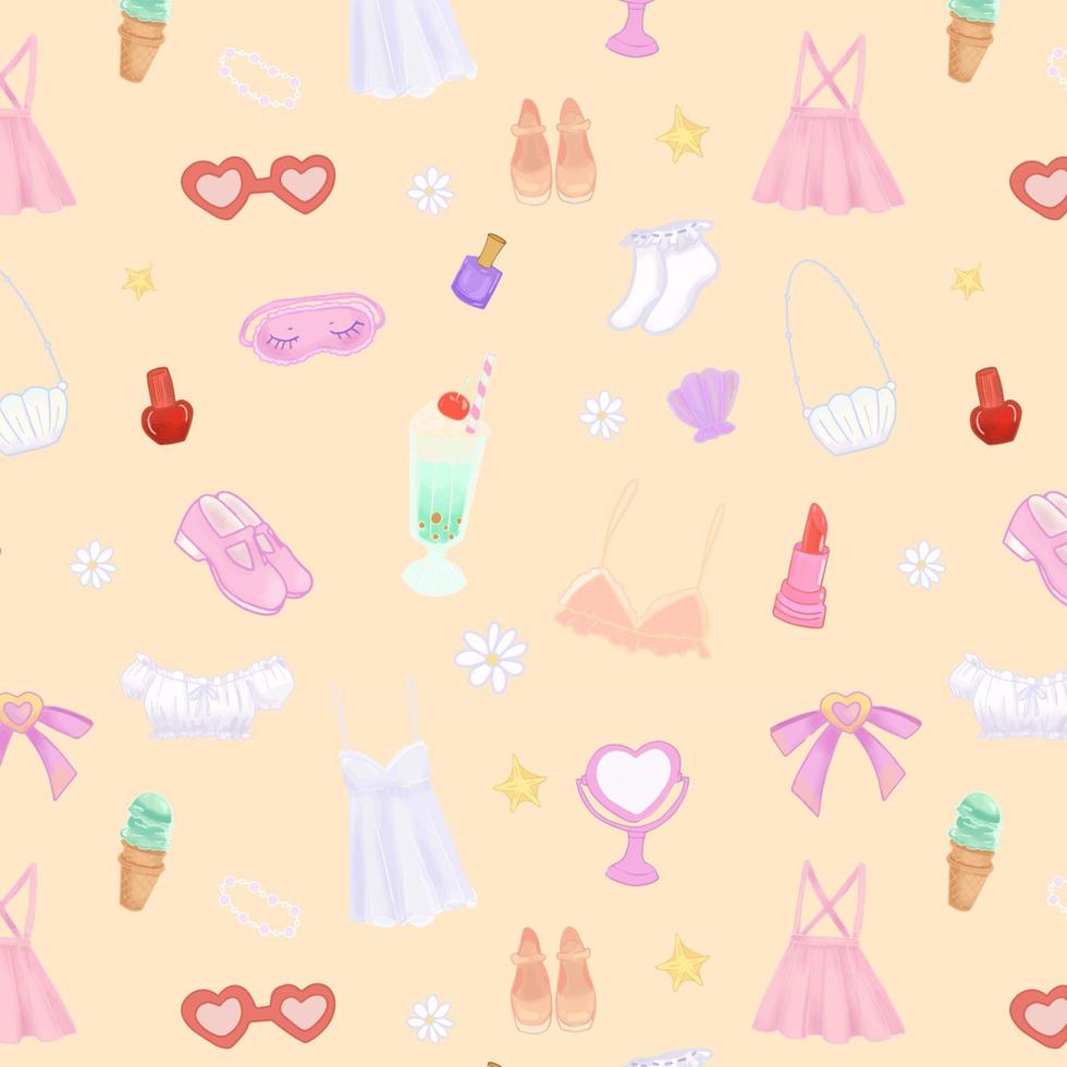 Seamless pattern of 90s summer girl elements. Accessories, fashion, food and cosmetics on yellow background. vector