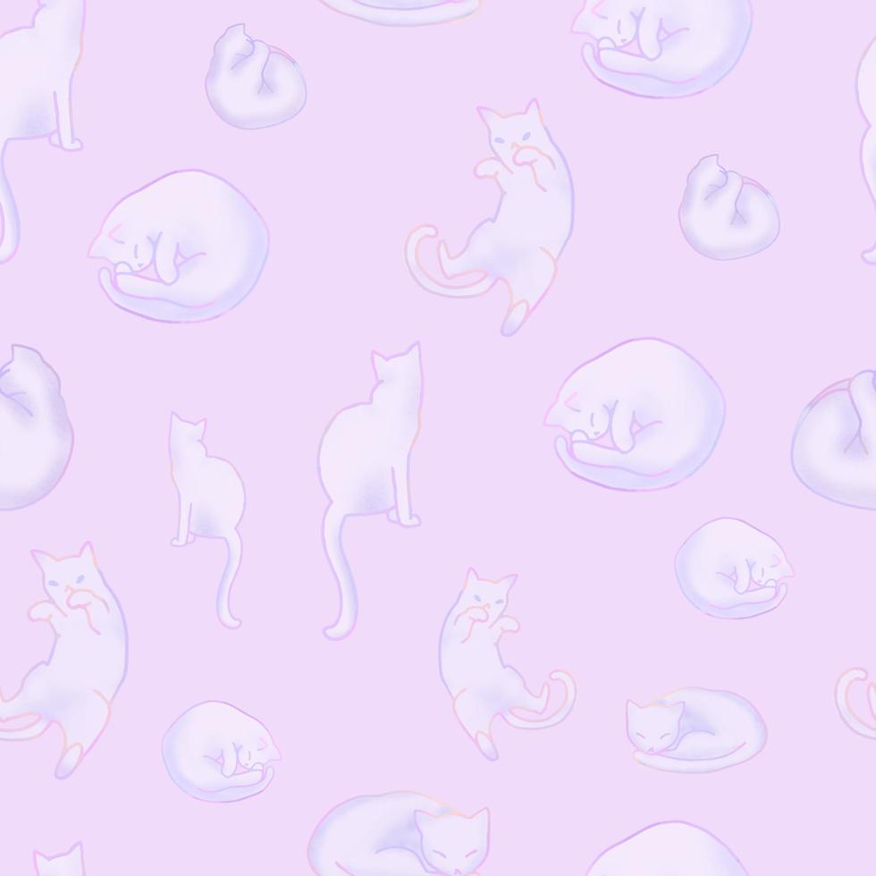 Seamless pattern with soft cute pastel cats on purple background. Vector EPS 10