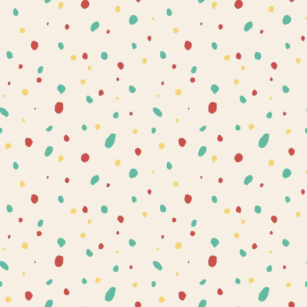 Abstract chaotic seamless pattern with colorful hand drawn polka dots on a beige backgroundfor fabric, wallpaper.. Texture of messy tricolor dots tiled, red, green and yellow. vector