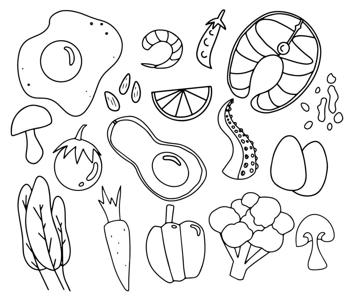 arte de línea de moda de la comida cetogénica. Doodle de dieta cetogénica. fondo con ingredientes de alimentos saludables delineados en negro aislado sobre fondo blanco para banner, papel tapiz, menú. vector eps 10