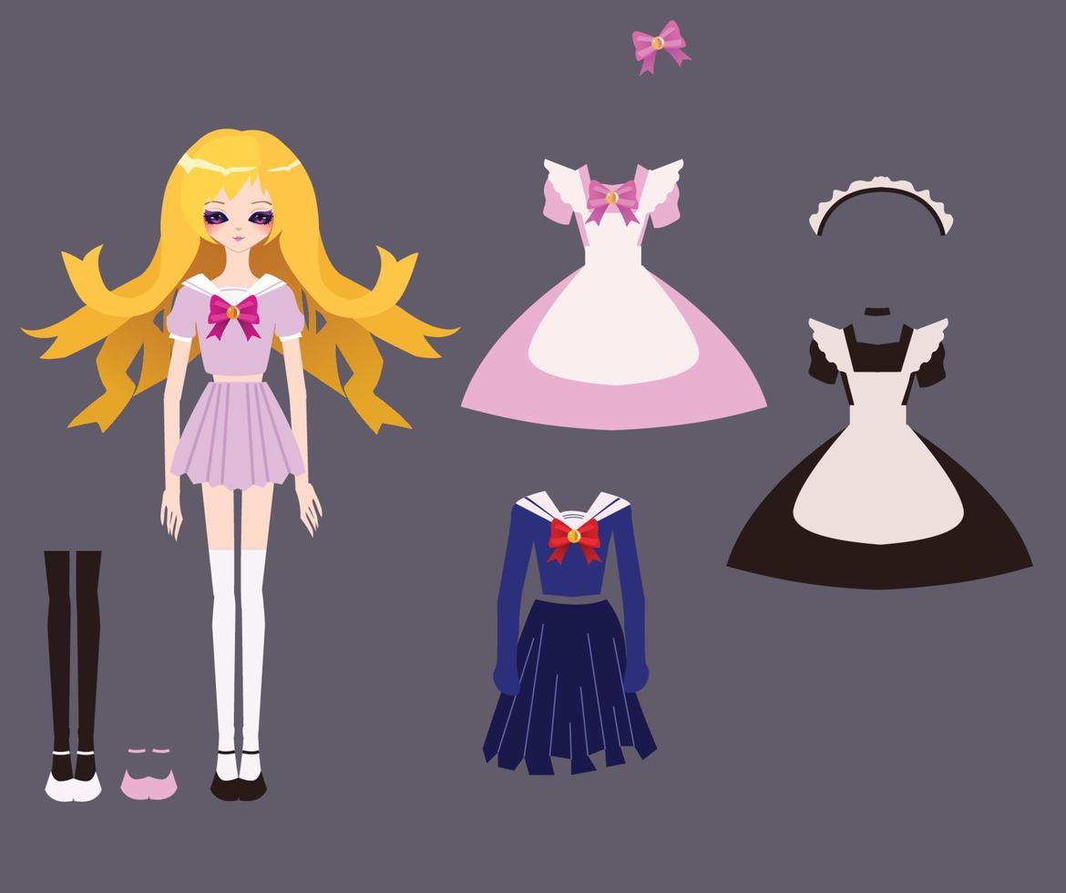 Anime doll outfit set. Clothes changing game vector