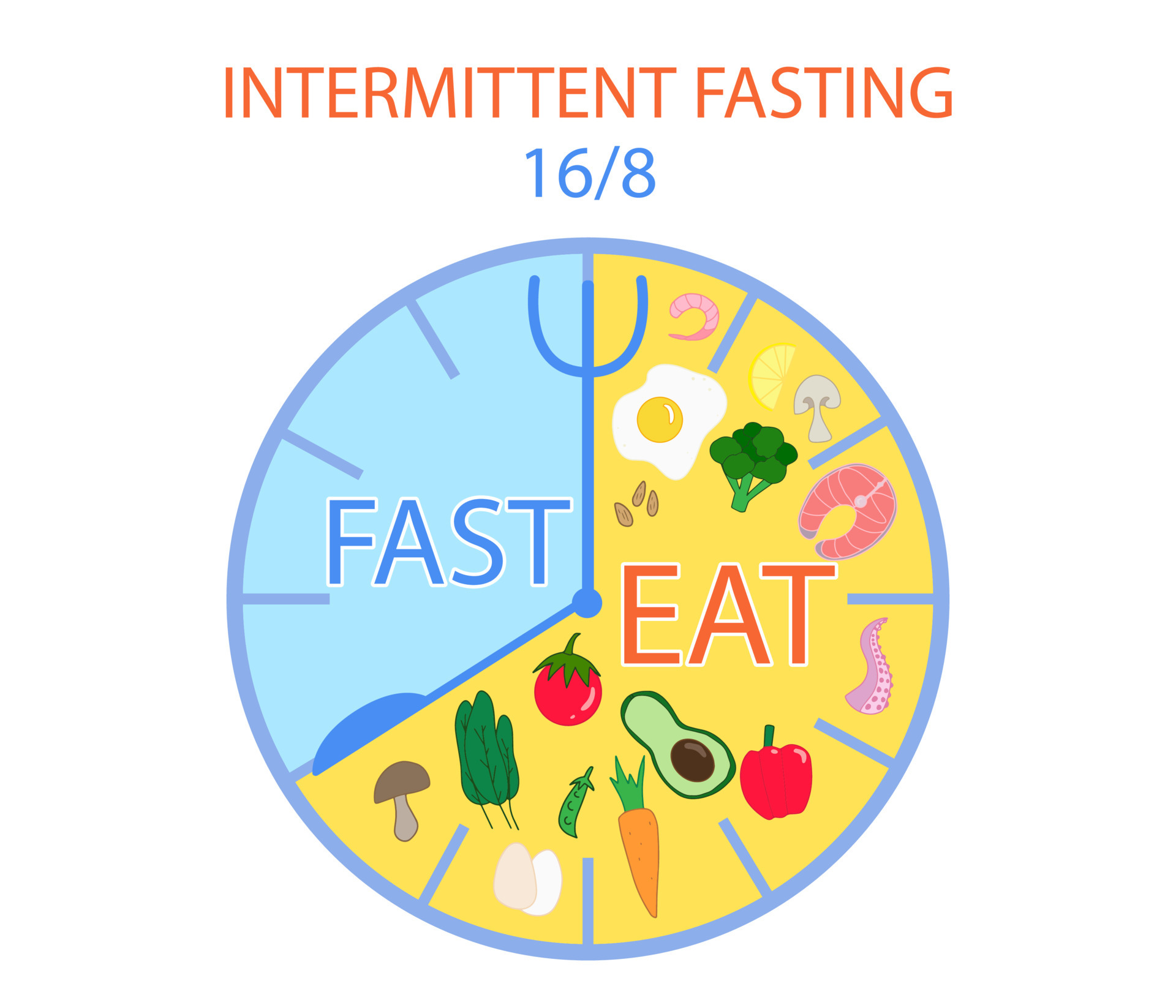Concept of 16 to 8 intermittent fasting. Isolated clock with meal