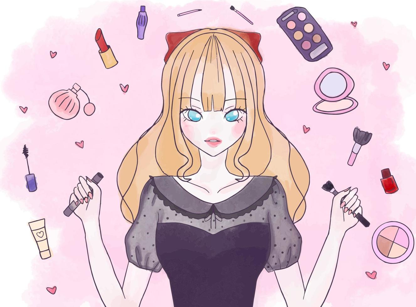 Ilustración acuarela de niña bonita dolly con cosméticos, blogger de belleza vector