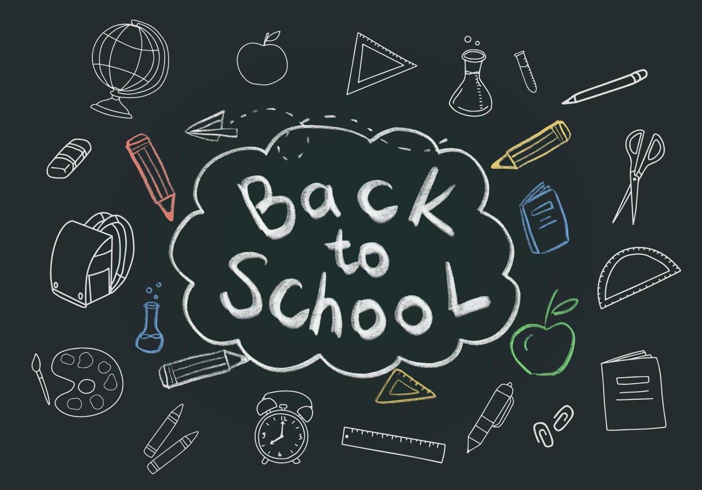 Back to school lettering with hand drawn school elements doodle on blackboard concept vector