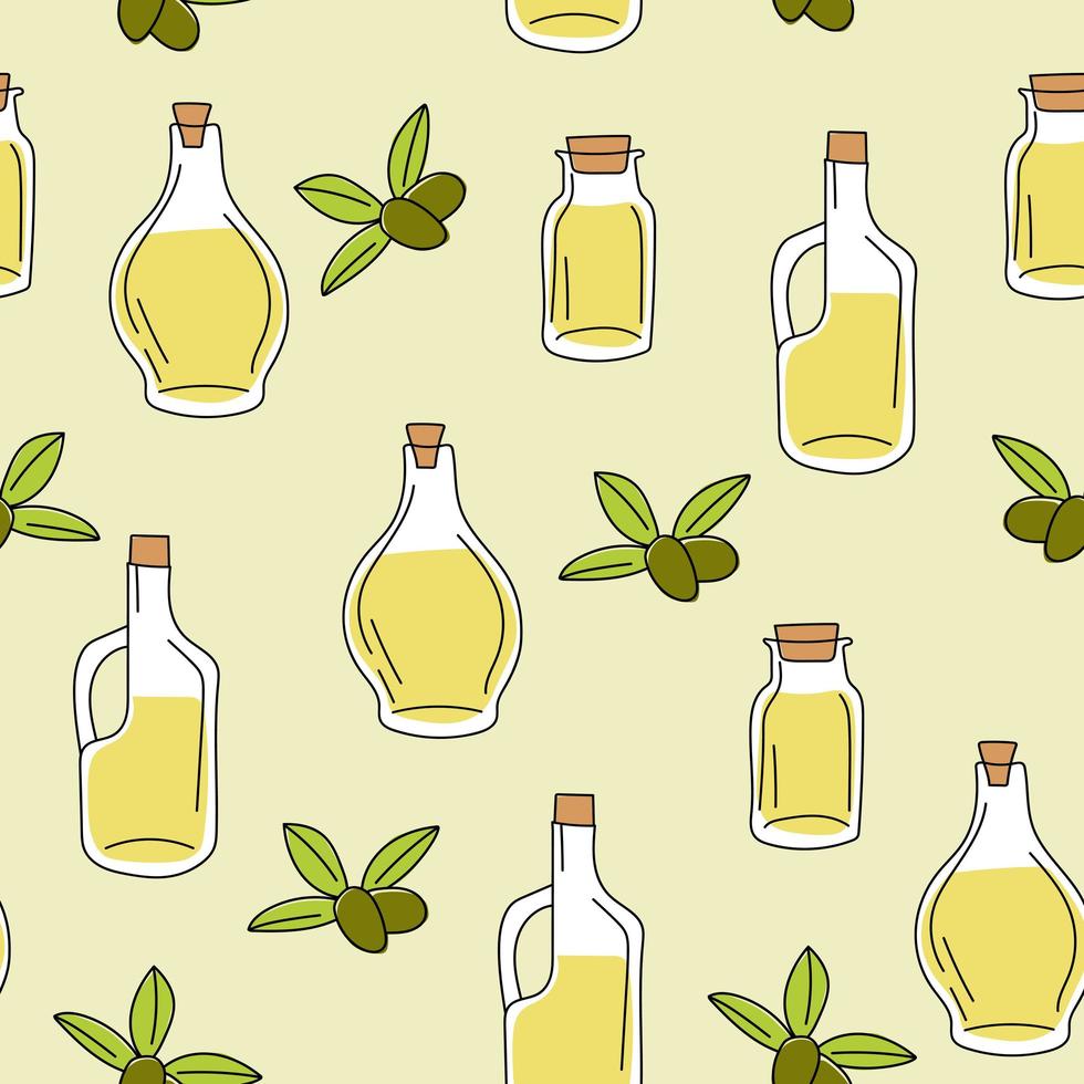 Background with olive oil in glass bottle - seamless pattern for printing vector