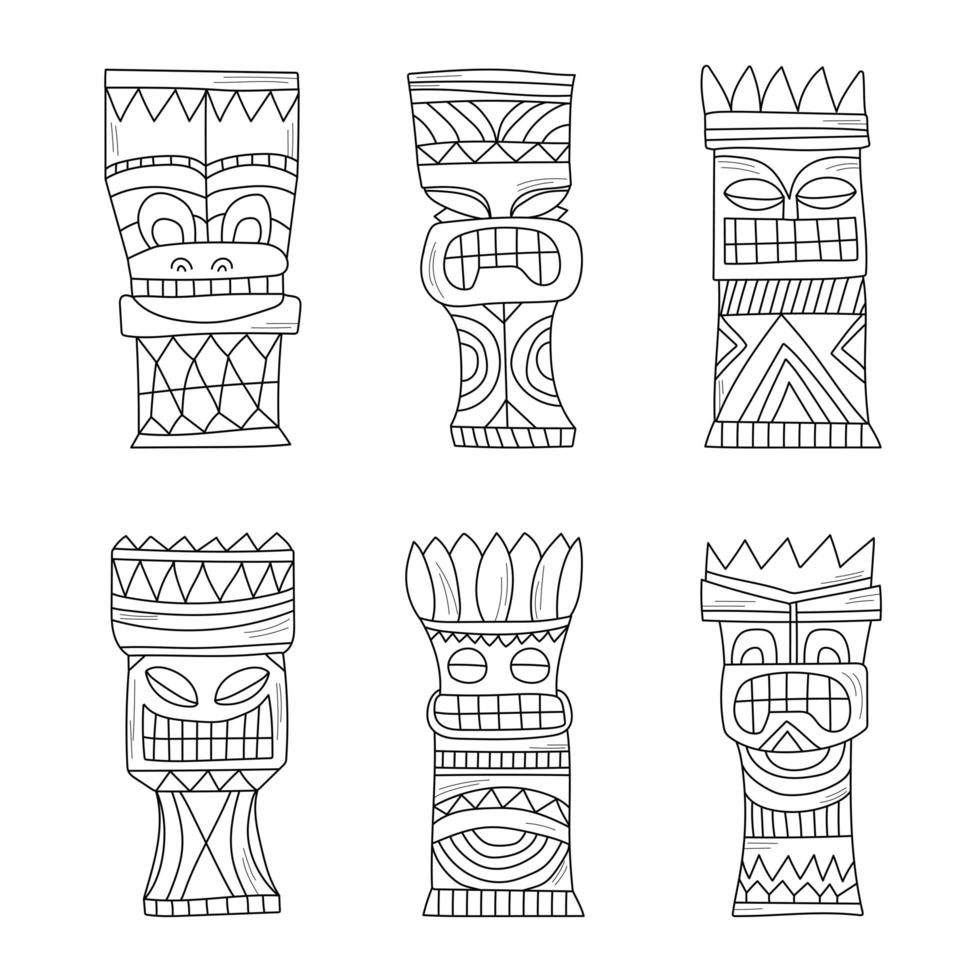 ídolos tiki polinesios de madera en blanco y negro, talla de estatua de dioses vector