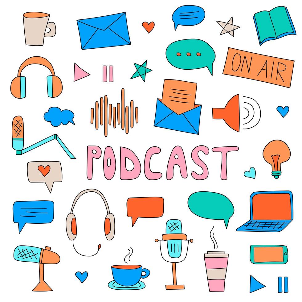 Podcast show. Hand drawn cartoon illustration with different podcast elements. vector
