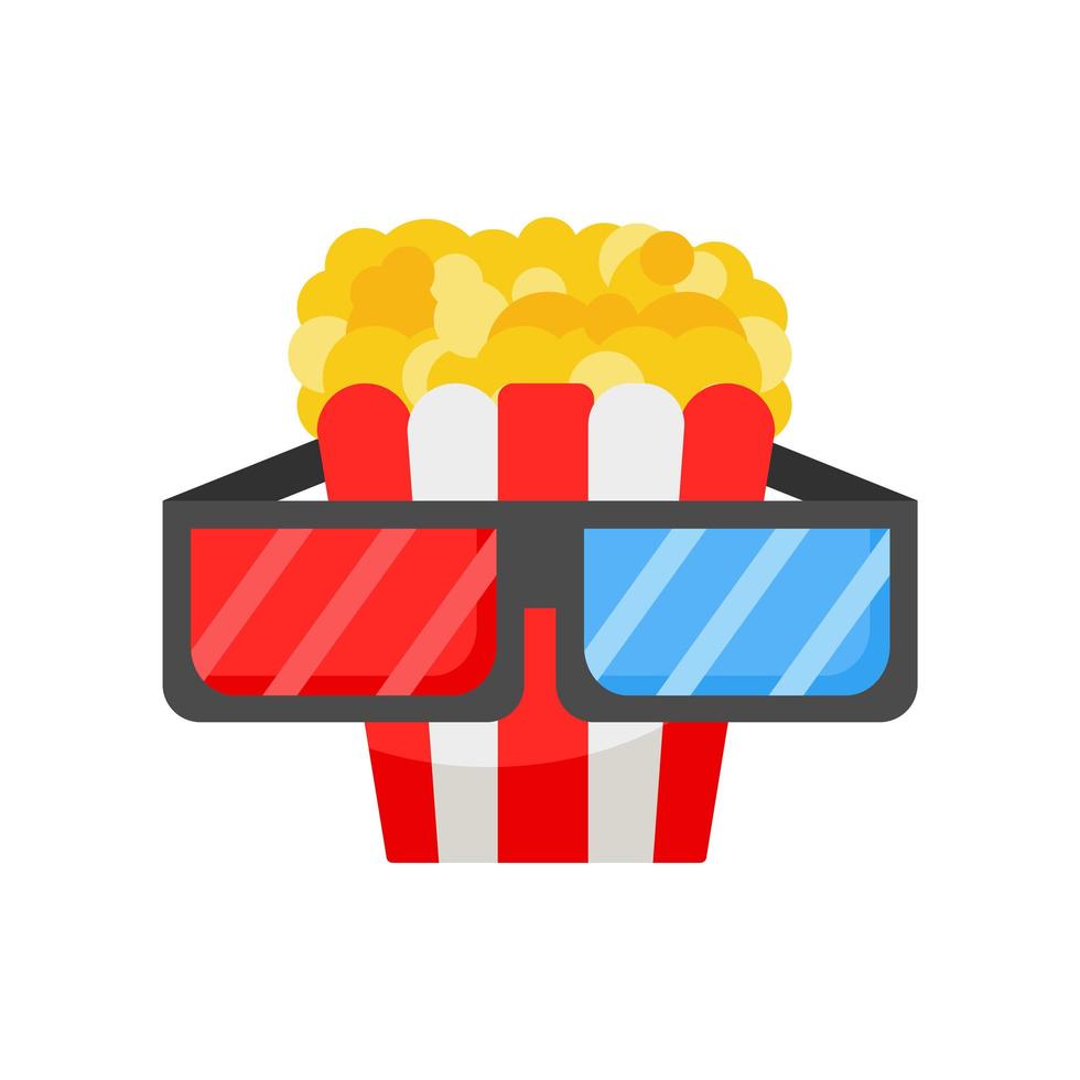 Popcorn and 3d glasses. Vector illustration, flat art for online cinema, movie