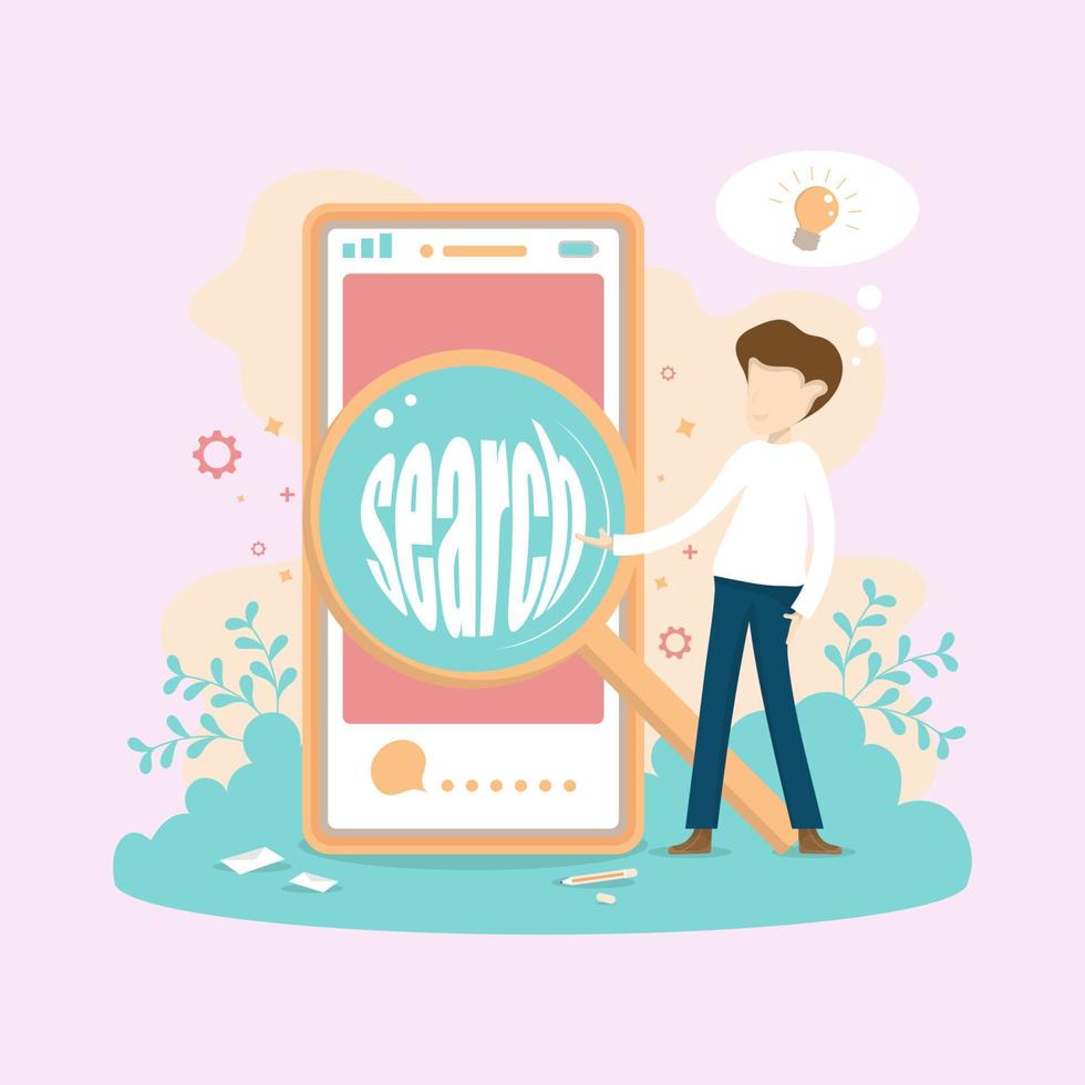 Vector concept communication design, Young man mobile search with magnifying glass, Pastel colors leaf decoration background.