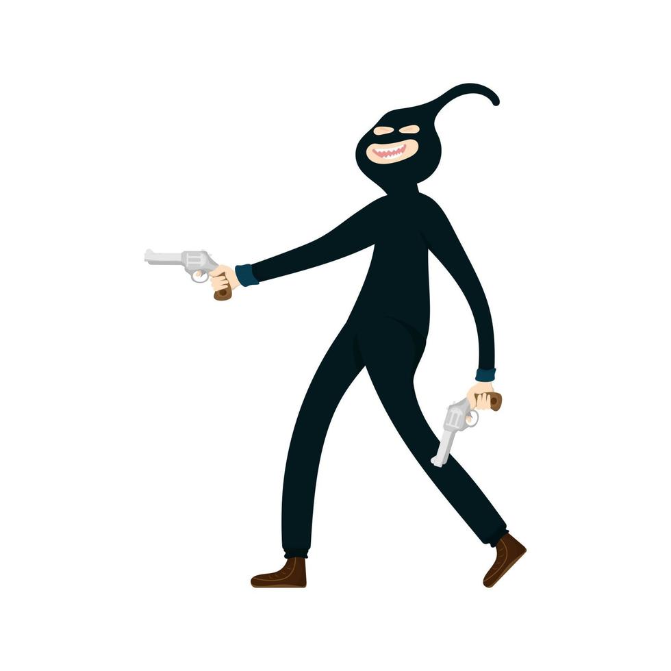 Diseño de bandido de personaje de dibujos animados con dos pistolas sobre fondo blanco. vector