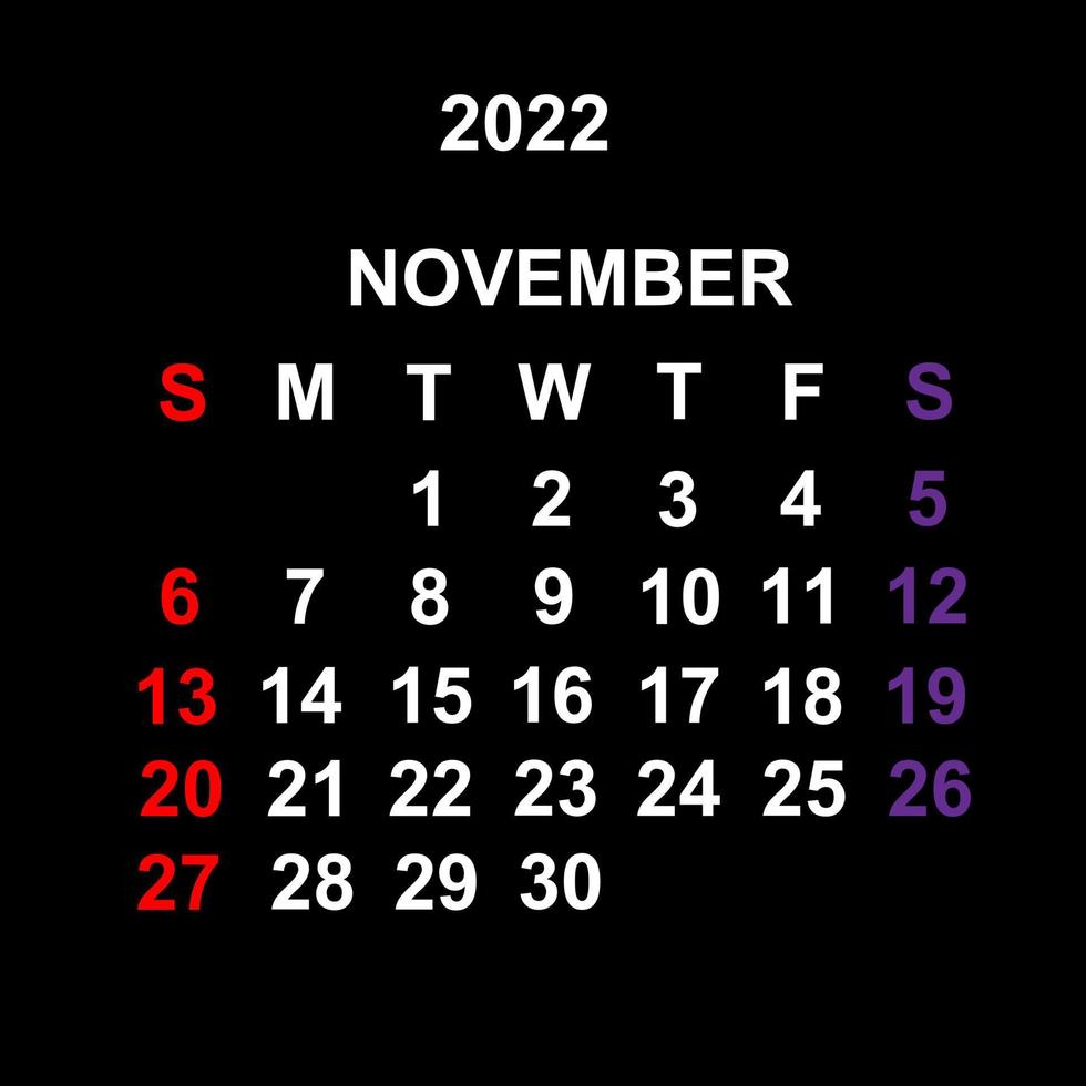 noviembre de 2022, diseño de plantilla de calendario sobre fondo negro. la semana comienza el domingo. vector