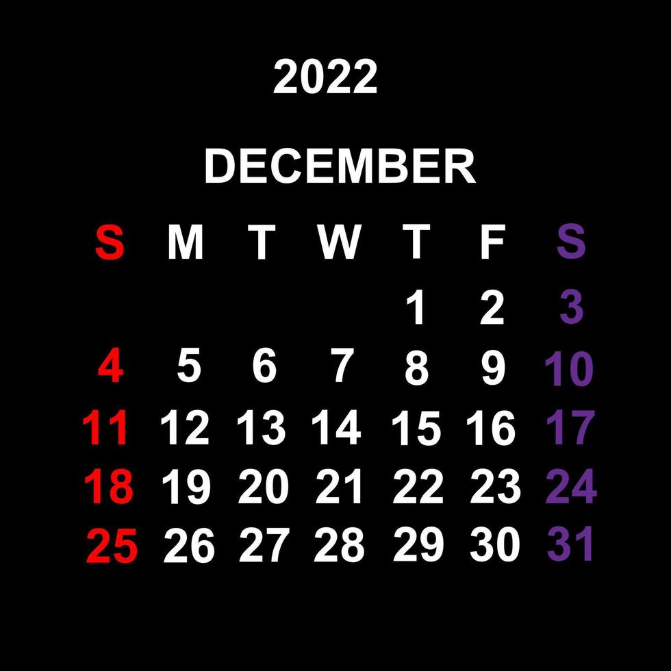 December 2022 Calendar December 2022 , Calendar Template Design Over Black Background. Week Starts  On Sunday. 4533024 Vector Art At Vecteezy