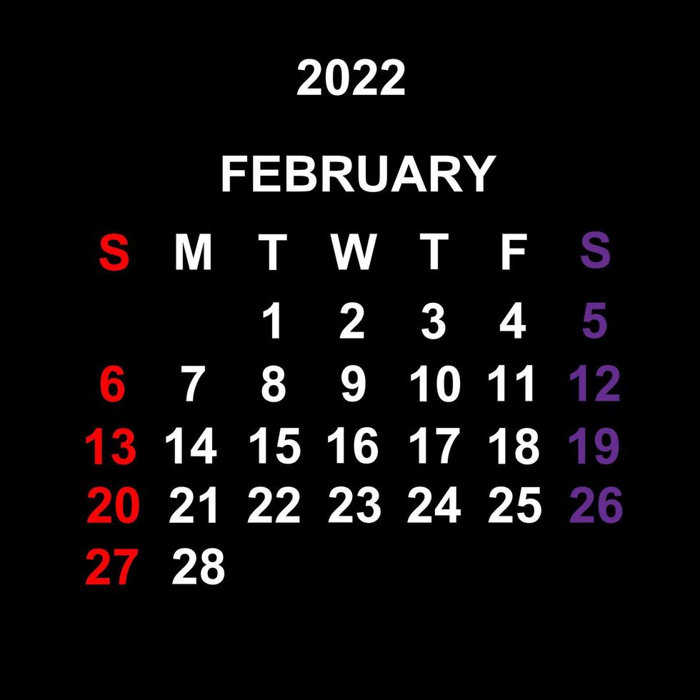 febrero de 2022, diseño de plantilla de calendario sobre fondo negro. la semana comienza el domingo. vector