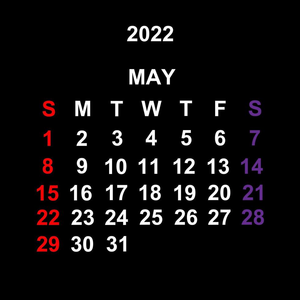 mayo de 2022, diseño de plantilla de calendario sobre fondo negro. la semana comienza el domingo. vector